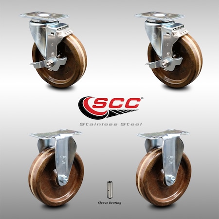 Service Caster 5 Inch SS High Temp Phenolic Top Plate Caster Set with 2 Brake 2 Rigid SCC SCC-SS20S514-PHSHT-TLB-2-R-2